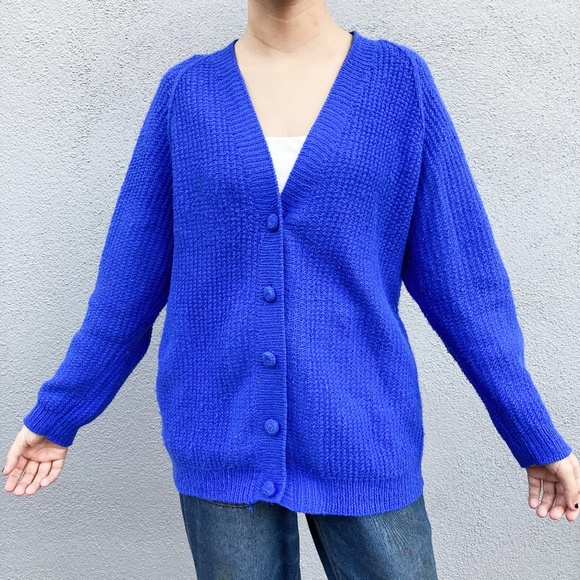 blue knit cardigan